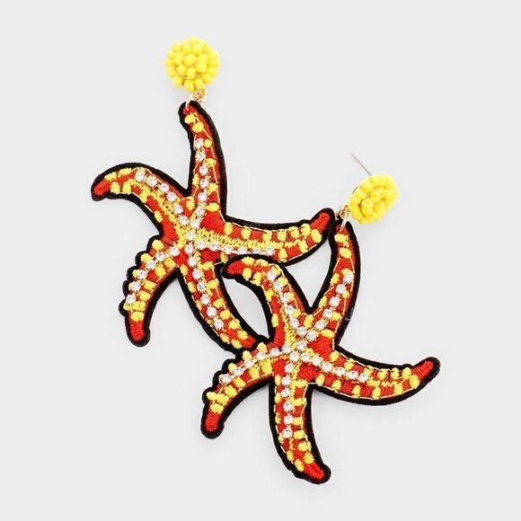 Starfish Crystal Seed Bead Dangle Earrings - Picture 3 of 3